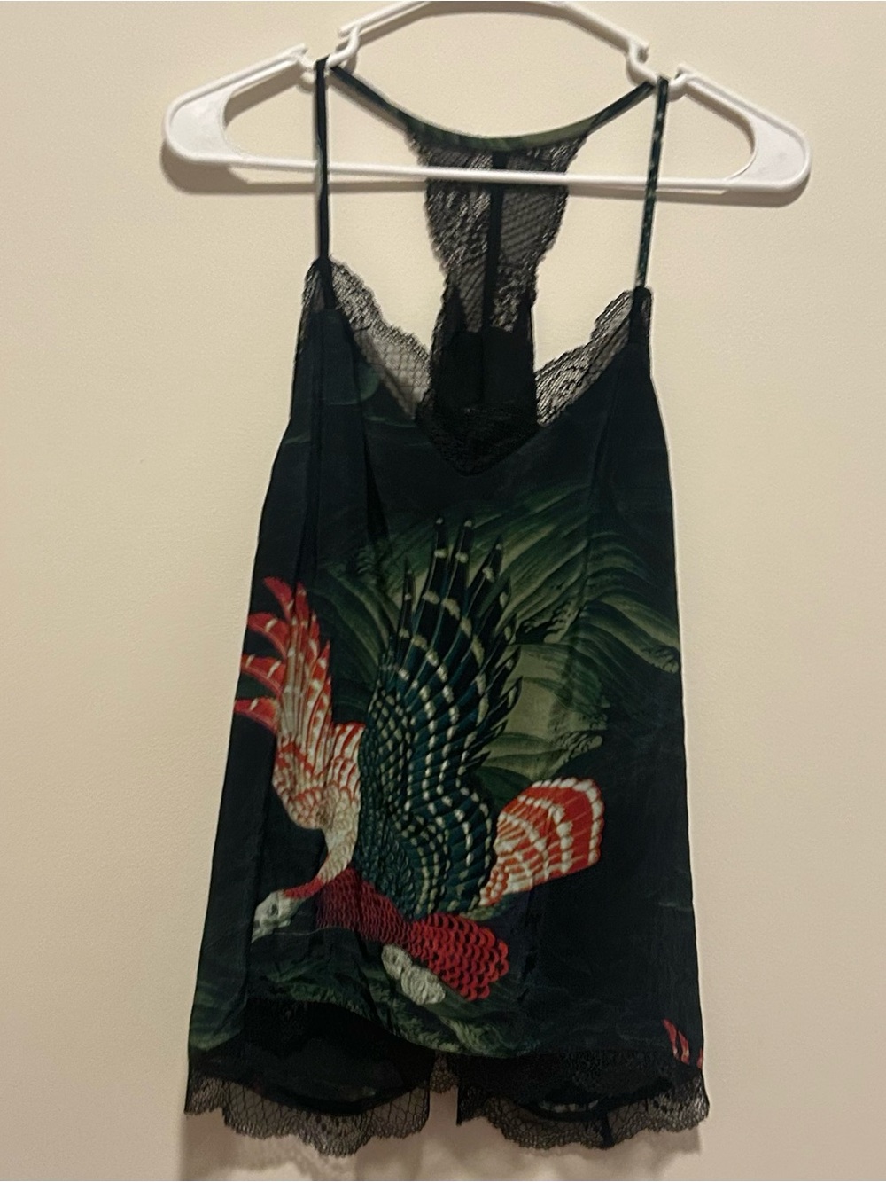 All Saints Black Forest Green Bird-Print Lace Trim Cami Women’s Size 10